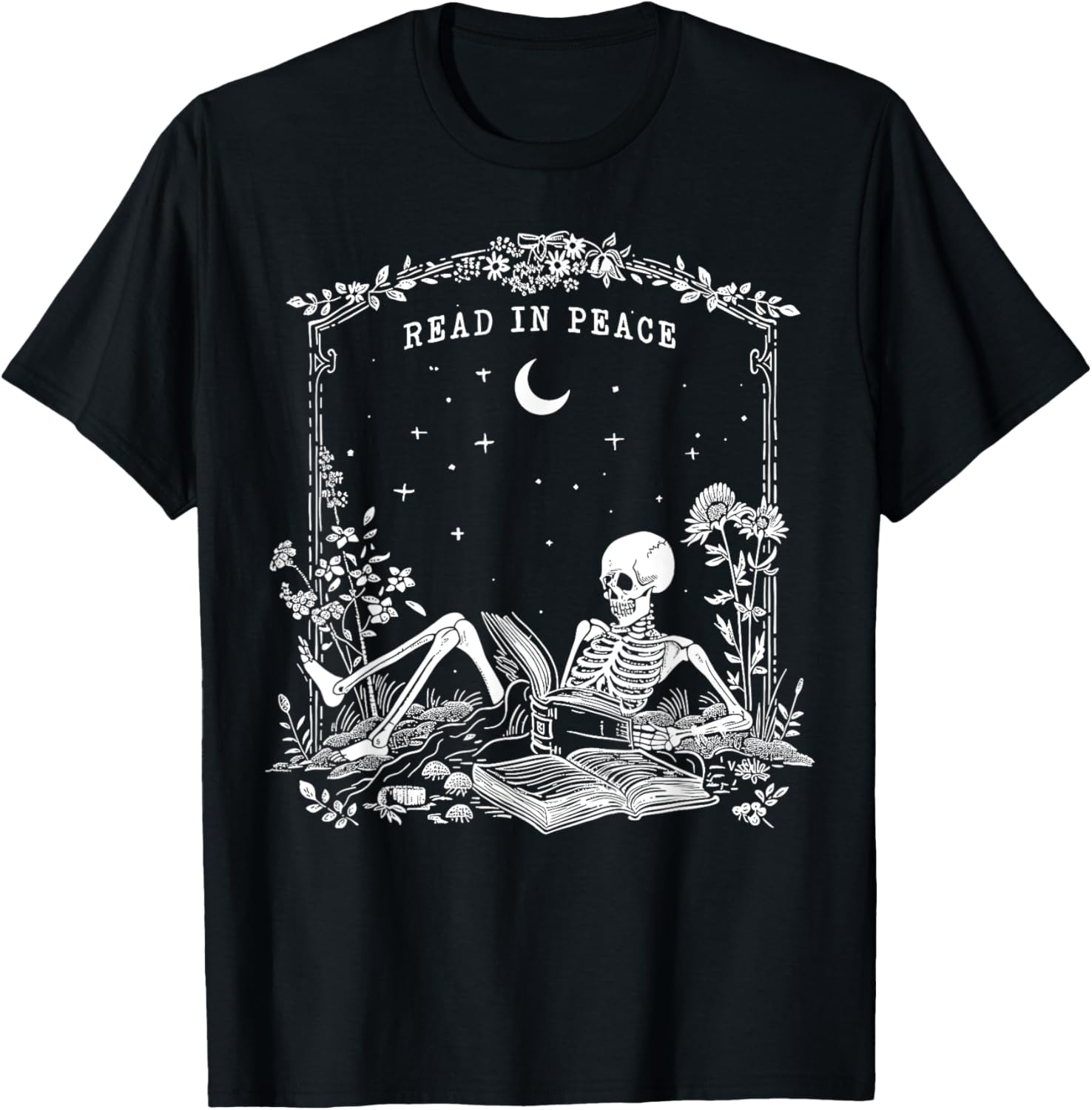 Read in Peace, Skeleton reading Book Halloween bookish T-Shirt - T-Shirt | Black