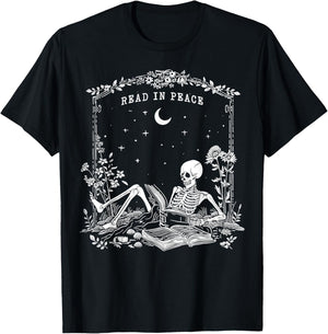 Read in Peace, Skeleton reading Book Halloween bookish T-Shirt - T-Shirt | Black