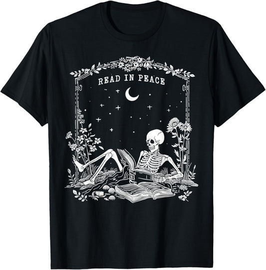 Read in Peace, Skeleton reading Book Halloween bookish T-Shirt - T-Shirt | Black