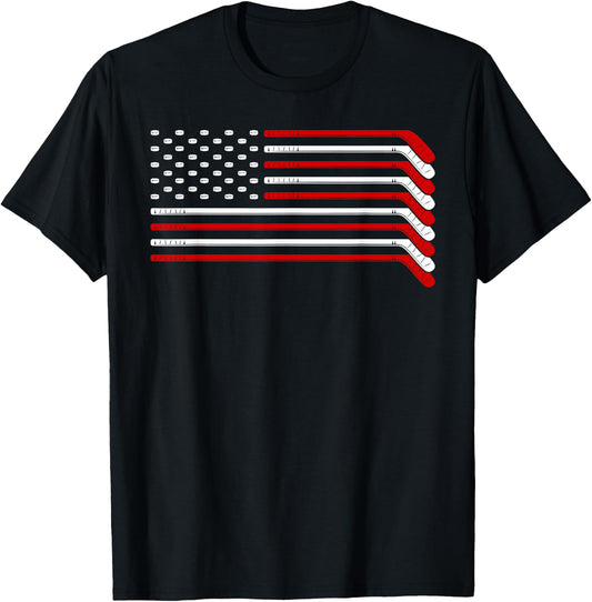 Ice Hockey Goalie Gift USA Flag Hockey Stick Ice Hockey T-Shirt - T-Shirt | Black