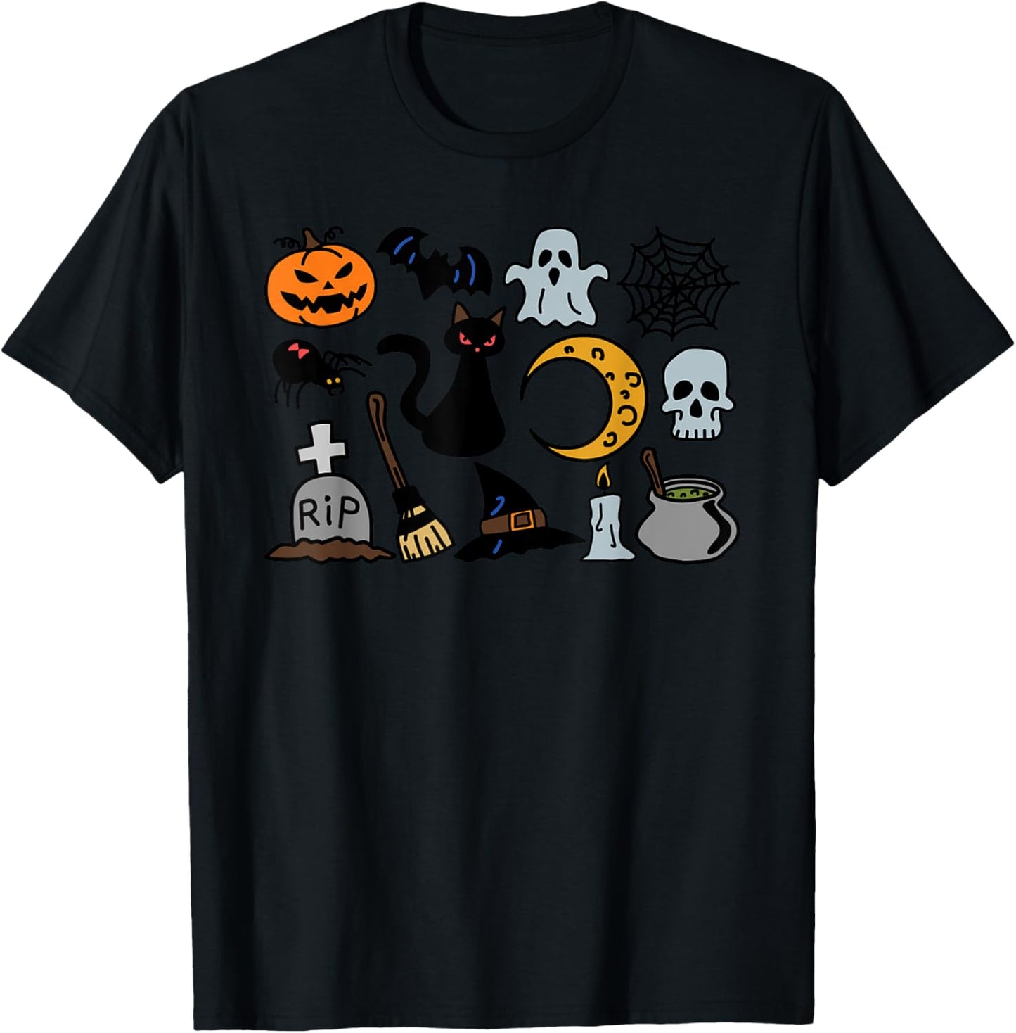 Halloween Jack O'Lantern, Bat, Cat Ghost Moon Spider T-Shirt - T-Shirt | Black