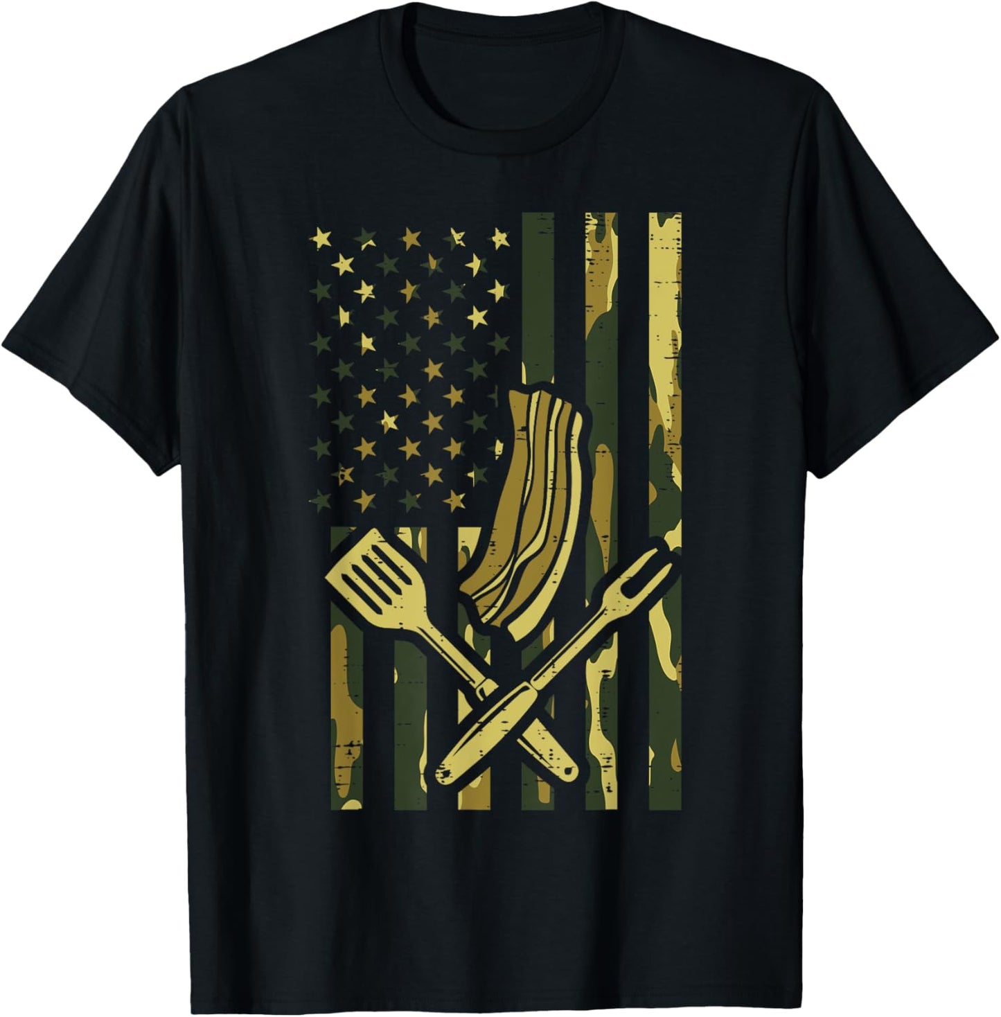 Camo US Flag Bbq Meat Grill Barbecue Patriot Men Women Kids T-Shirt - T-Shirt | Black