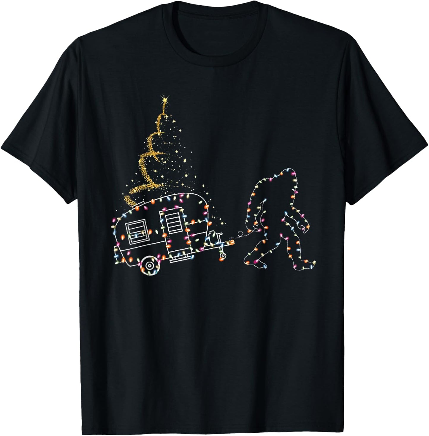 Bigfoot With Camping Car Light Christmas T-Shirt - T-Shirt | Black