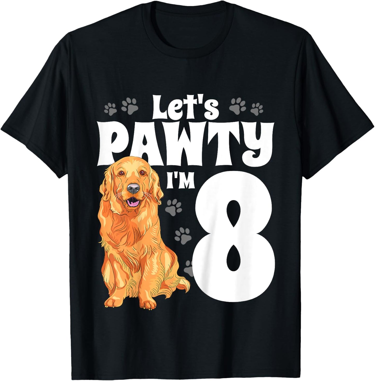 8 Year Old Golden Retriever Dog Birthday Pawty Dogs 8th Gift Girls Kids T-Shirt - T-Shirt | Black
