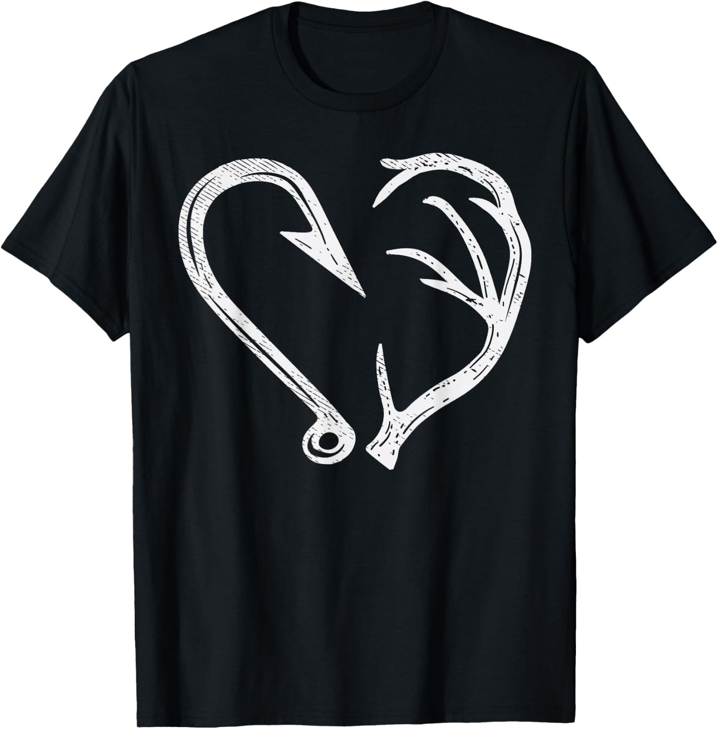 Hook Antler Heart Love Fishing Hunting Fish Deer Hunter Gift T-Shirt - T-Shirt | Black