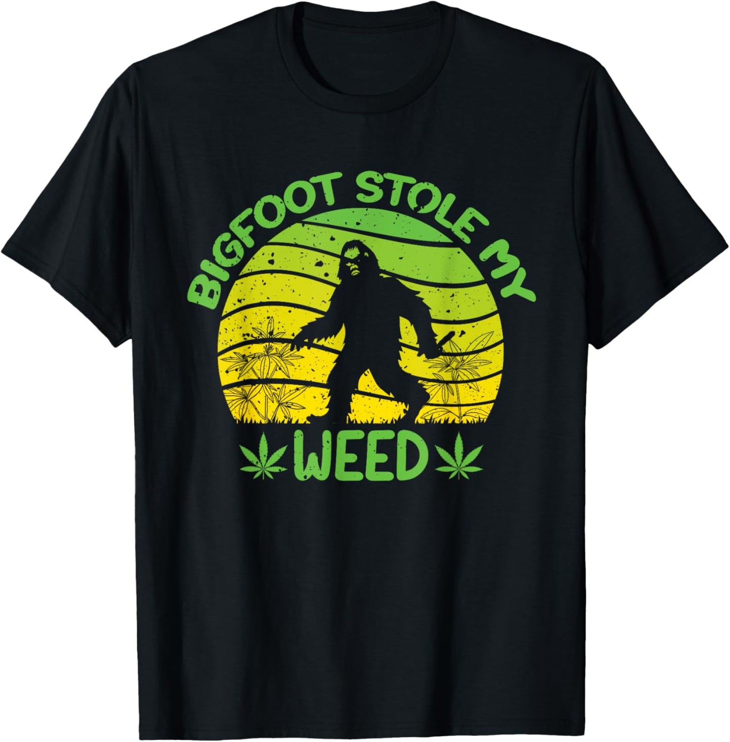 420 Funny Bigfoot Stole My Weed, Retro Sunset Sasquatch T-Shirt - T-Shirt | Black
