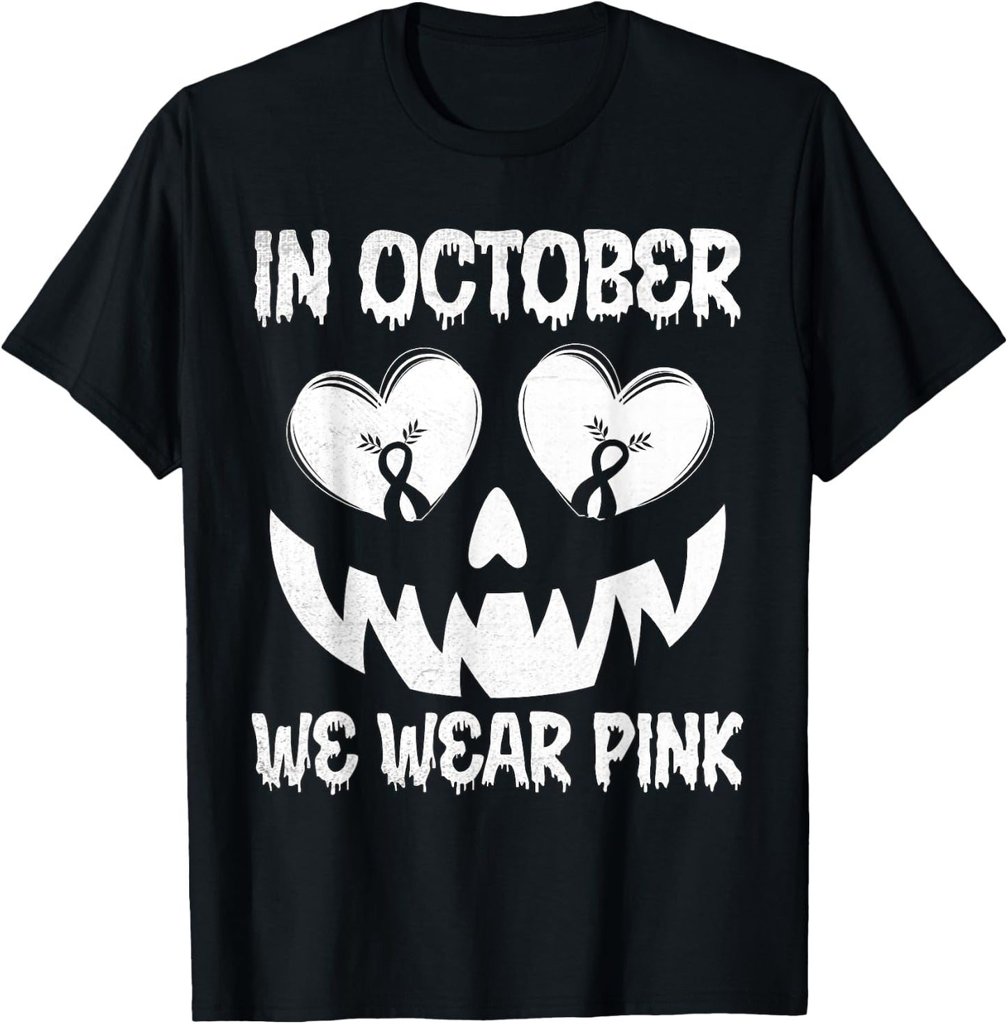 In October We Wear Pink Breast Cancer Halloween Jackolantern T-Shirt - T-Shirt | Black