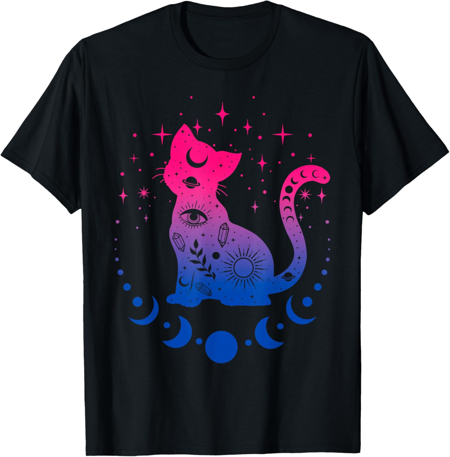 Celestial Bisexual Astrology Cat Colours of Bi Pride Flag T-Shirt - T-Shirt | Black