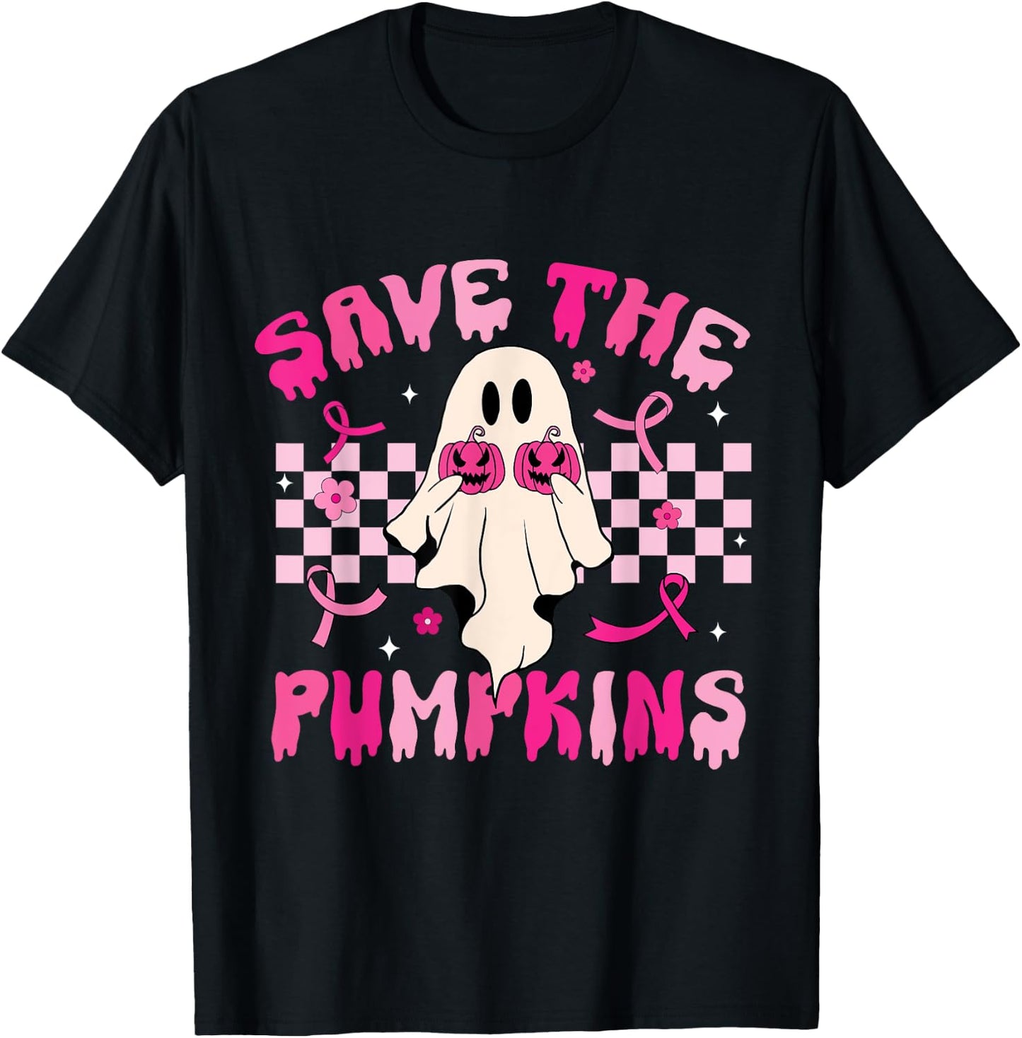 Rero Groovy Save The Pumpkins Ghost Breast Cancer Awareness T-Shirt - T-Shirt | Black