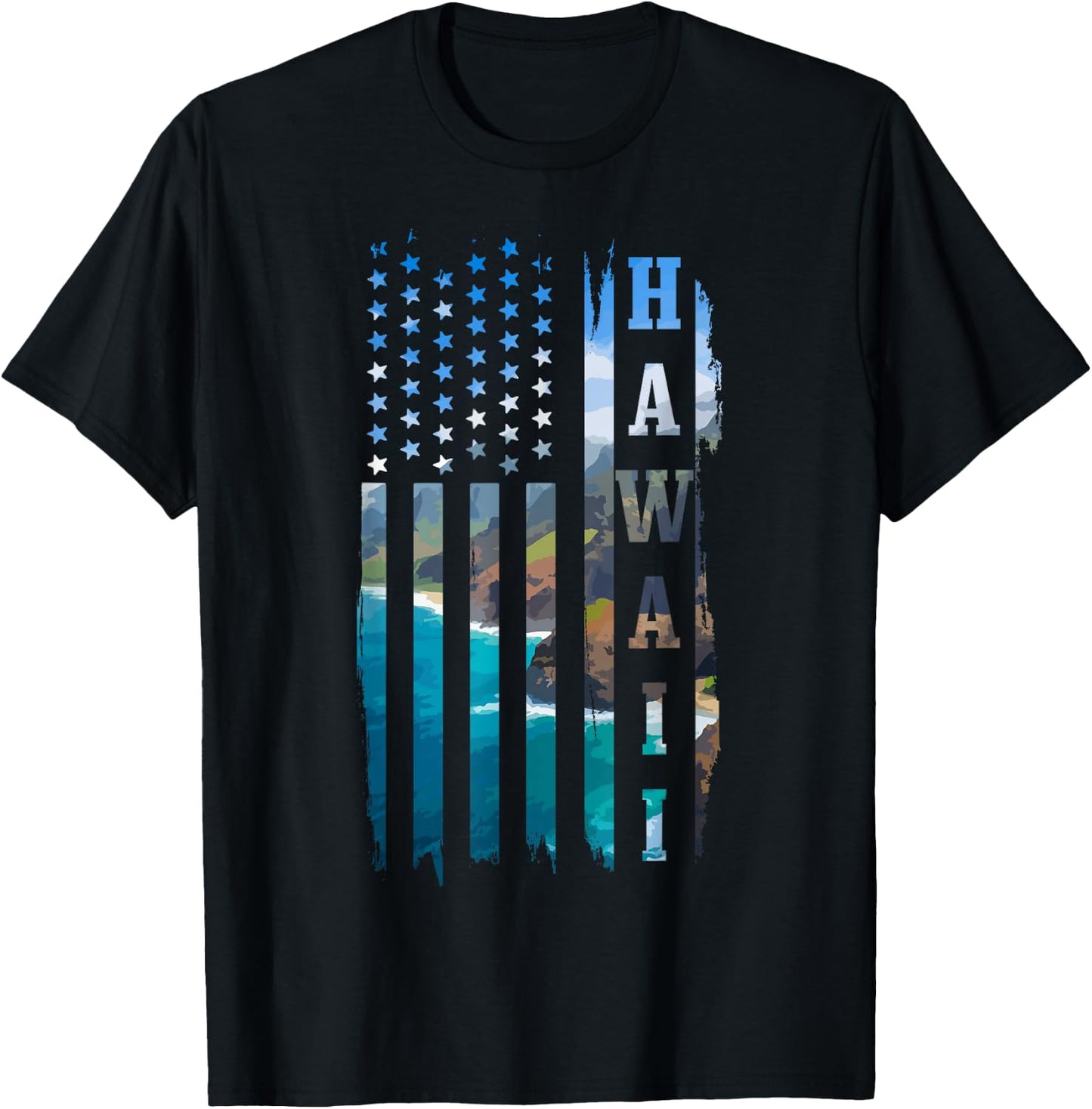 Hawaiian Flag Landscape Surfer T-Shirt - T-Shirt | Black