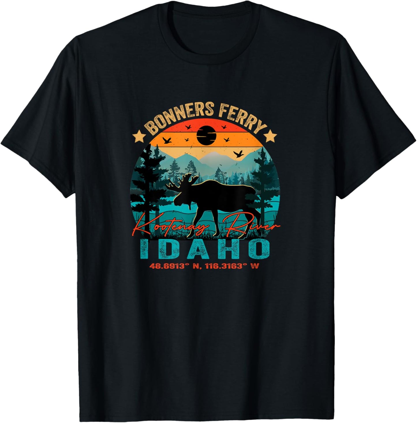 Bonners Ferry Idaho ID Retro Sunset Vintage Moose Mountains T-Shirt - T-Shirt | Black