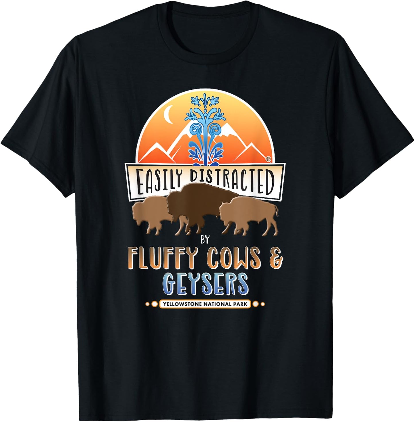 Yellowstone Fluffy Cow Bison & Old Faithful Geyser T-Shirt - T-Shirt | Black