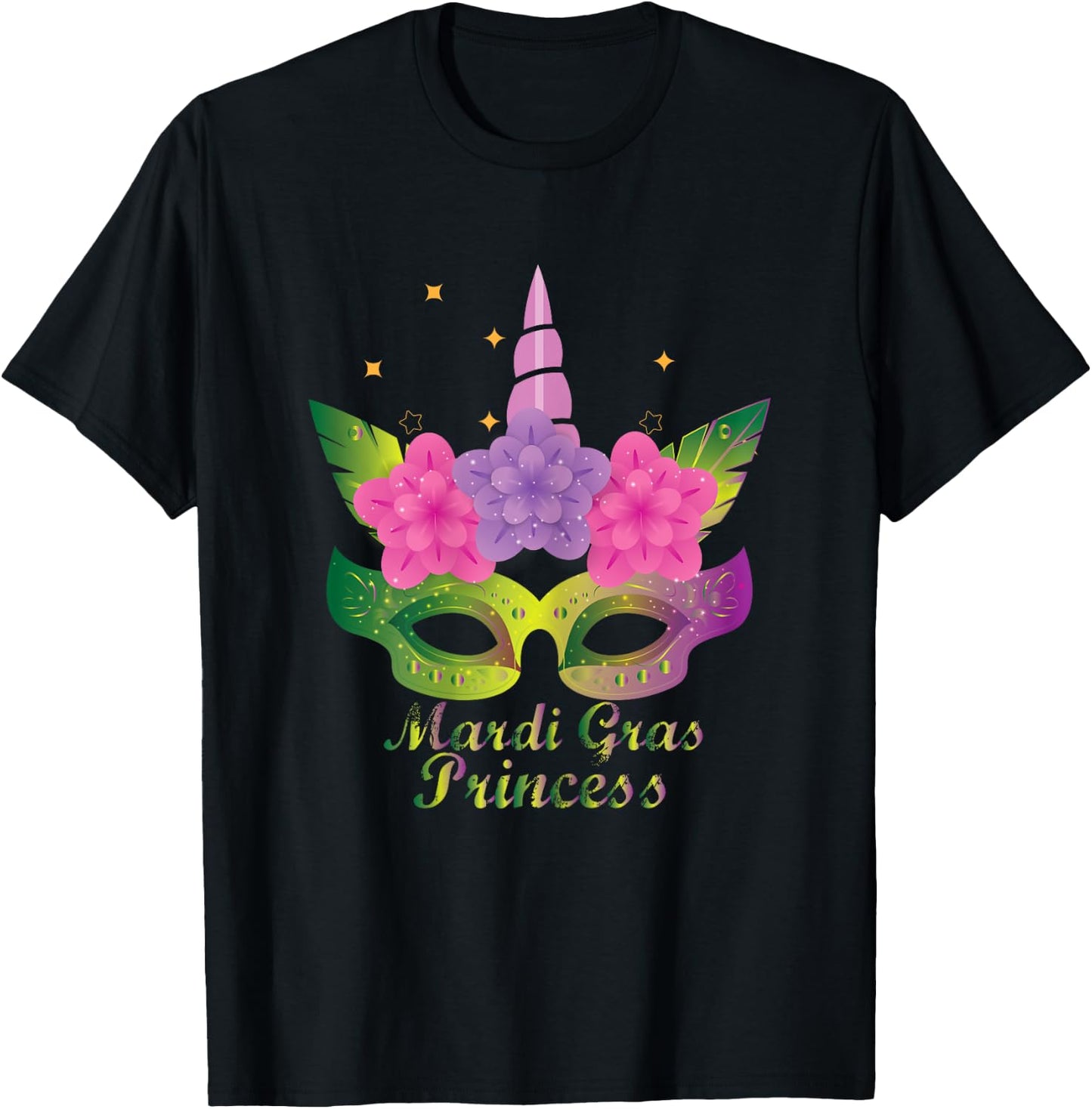 Mardi Gras Princess T Shirt With Flower Unicorn Mask T Shirt T-Shirt - T-Shirt | Black