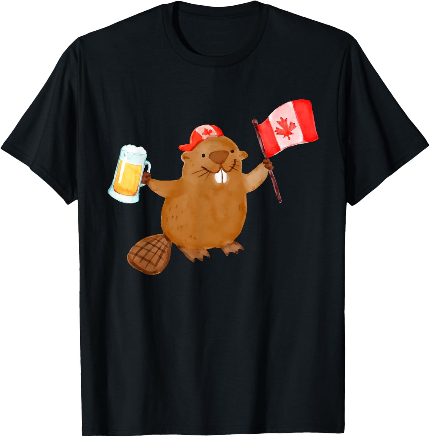 Beaver Holding Canada Flag Beer T-Shirt - T-Shirt | Black