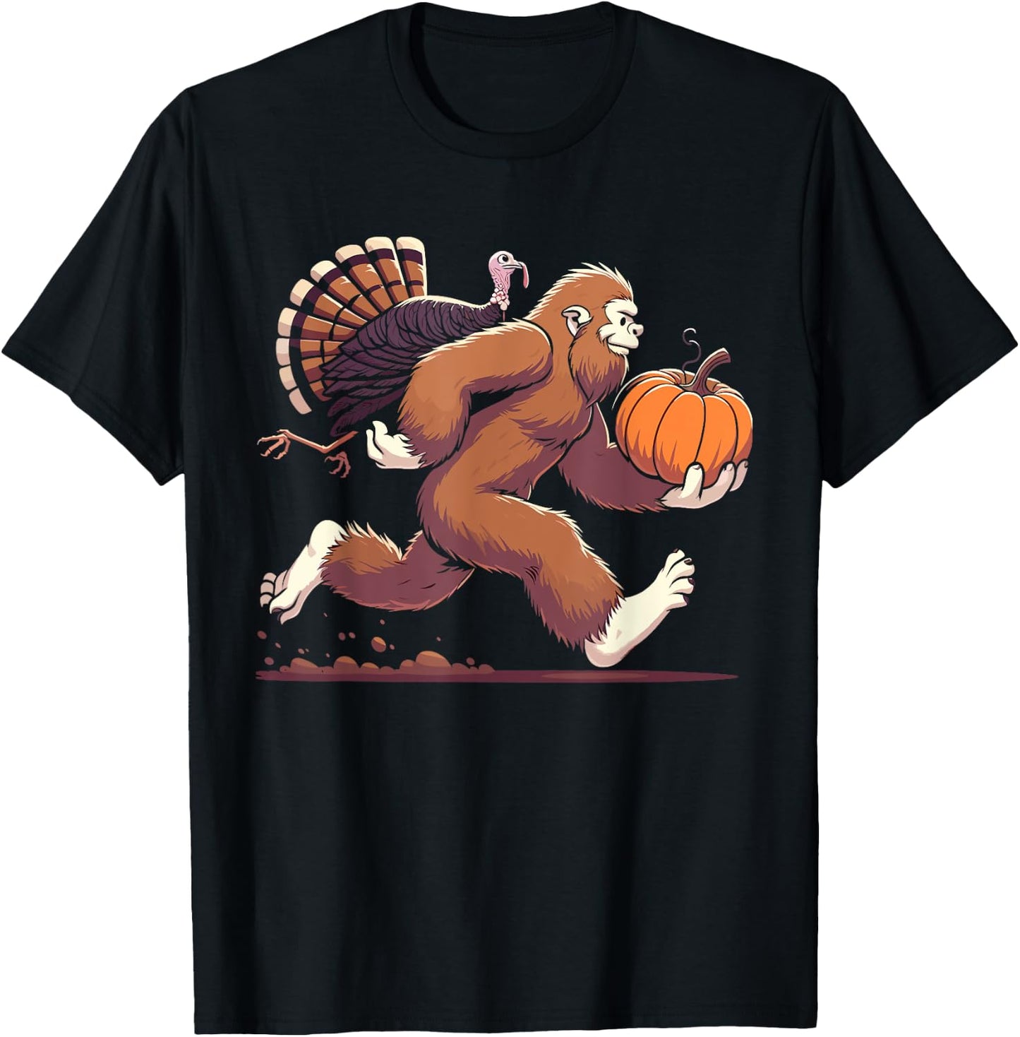 Bigfoot sasquatch with turkey and pumpkin for thanksgiving T-Shirt - T-Shirt | Black