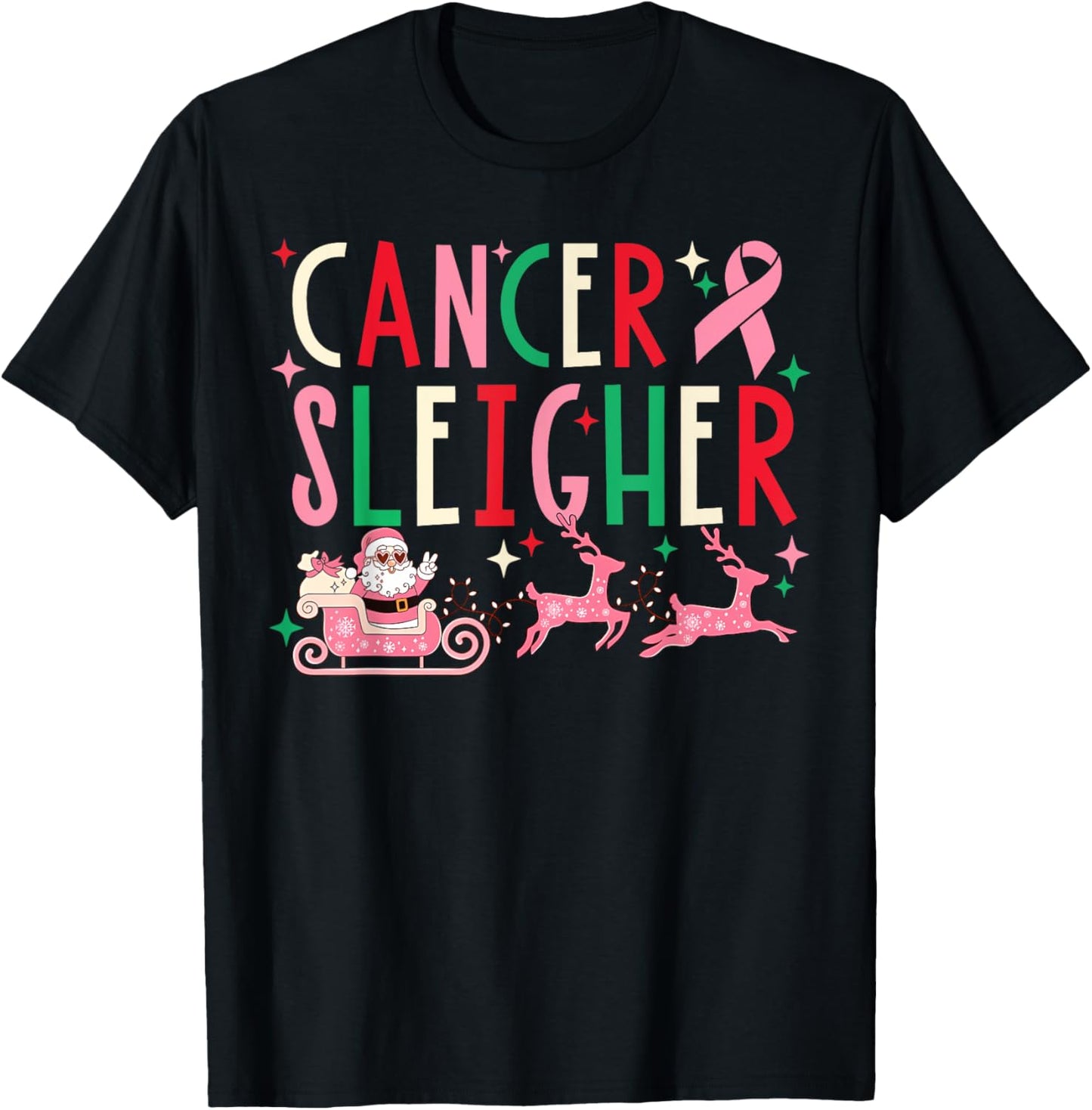 Breast Cancer Christmas Pink Ribbon Santa Sleigh Reindeer T-Shirt - T-Shirt | Black