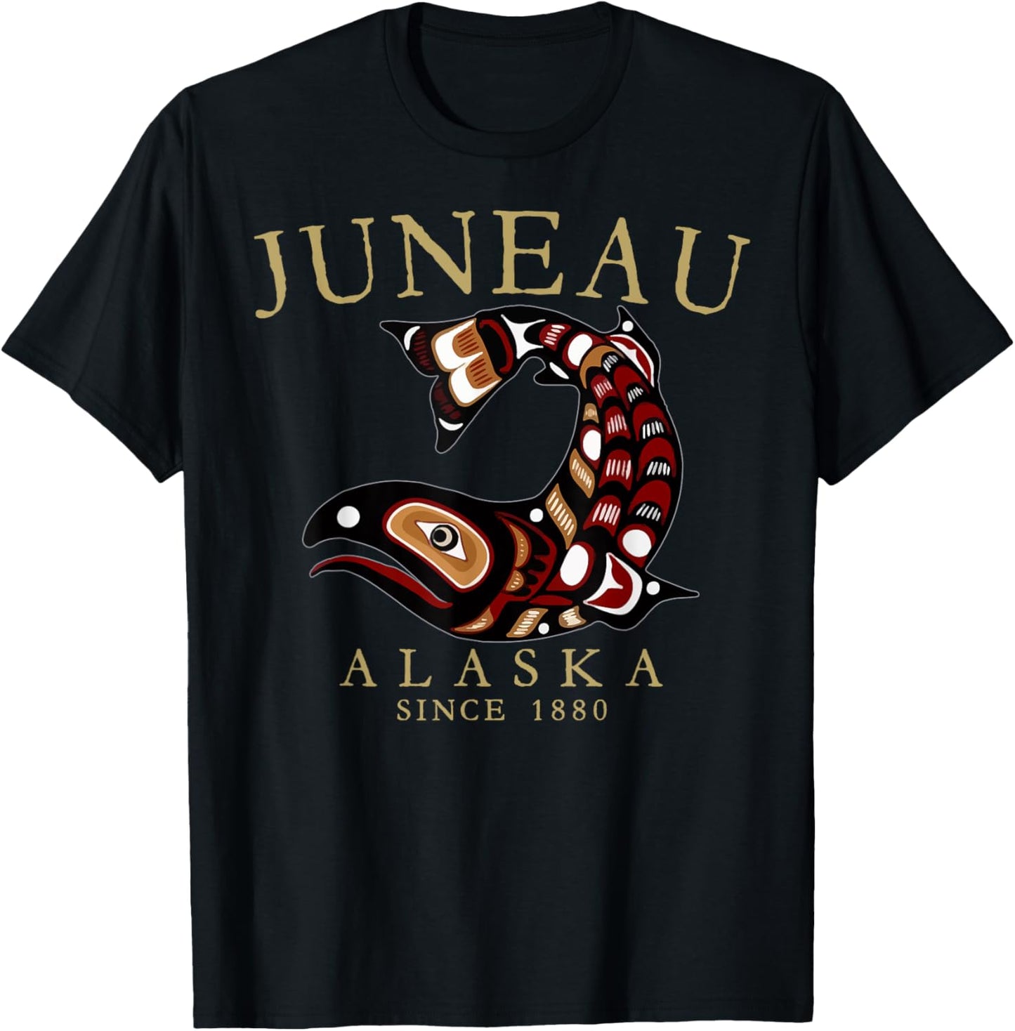 Juneau Alaska Tribal Art Salmon Since 1880 Tan Letters T-Shirt - T-Shirt | Black