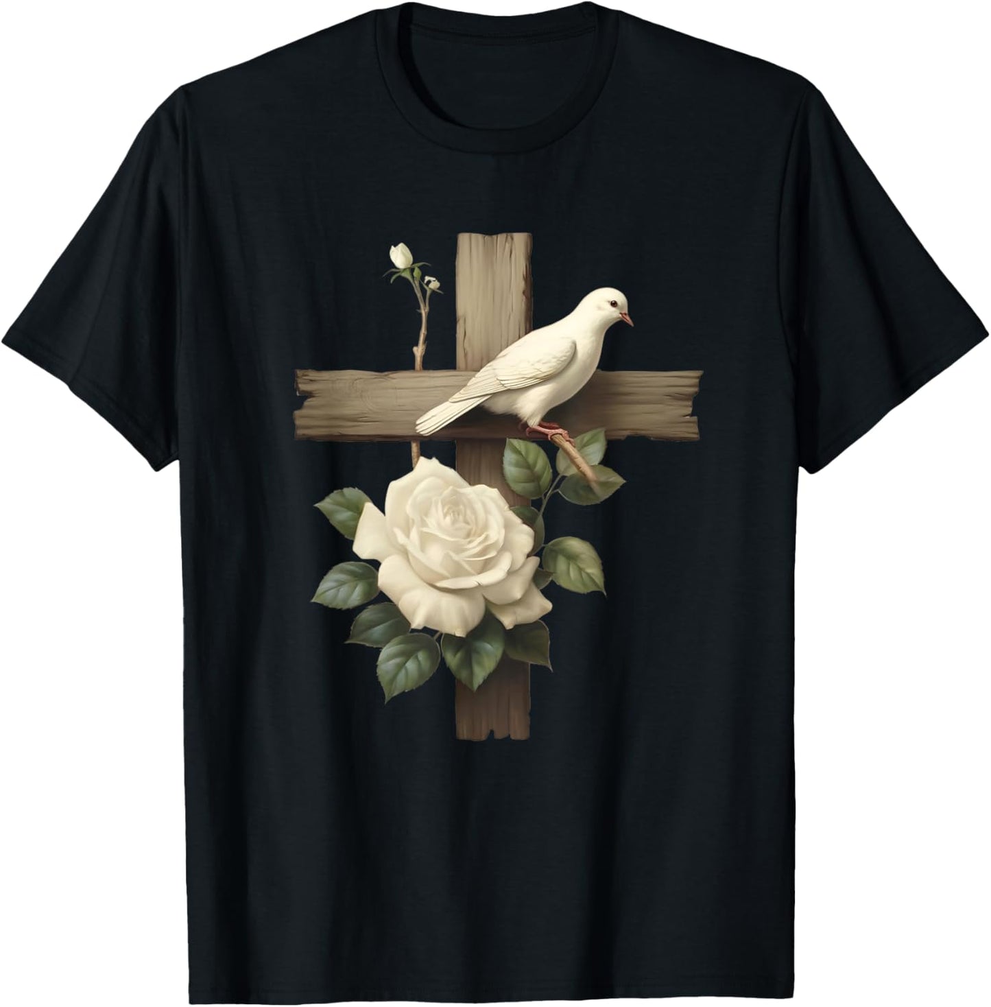 Aesthetic Christian Cross With Roses And Dove Of Peace T-Shirt - T-Shirt | Black