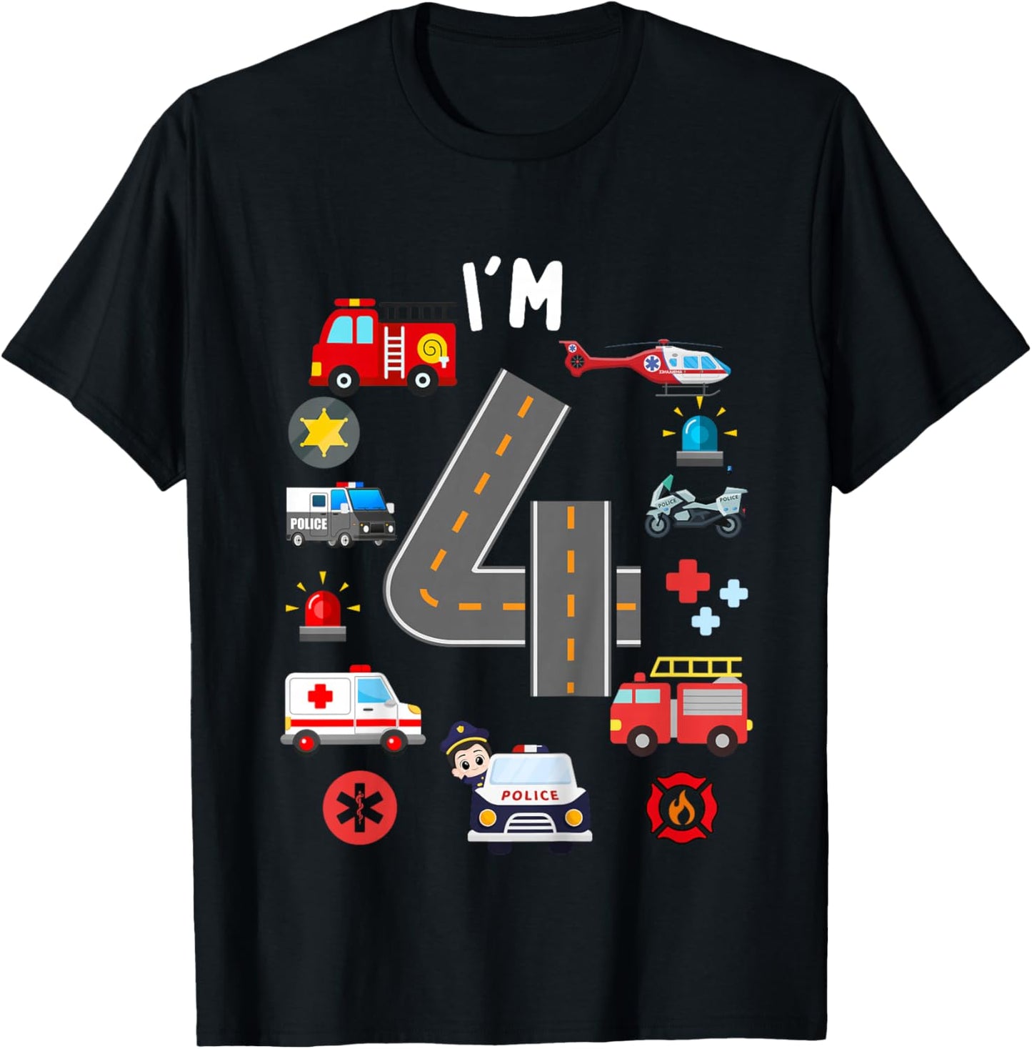 Kids 4th Birthday Emergency Vehicles Boys 4Years Old Toddler Kids T-Shirt - T-Shirt | Black