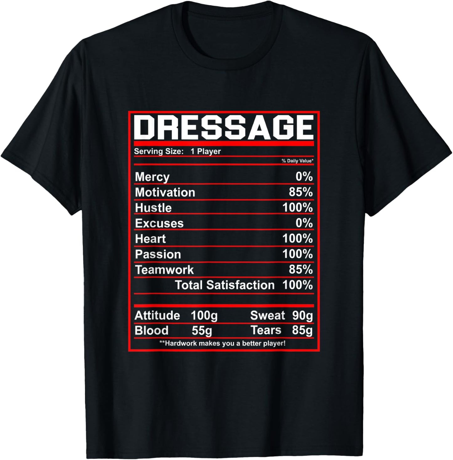 Funny Dressage Nutrition Facts Horse Rider T-Shirt - T-Shirt | Black