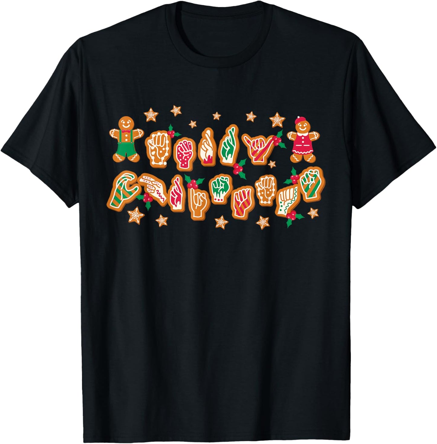 ASL Christmas American Sign Language Gingerbread Hands Deaf T-Shirt - T-Shirt | Black