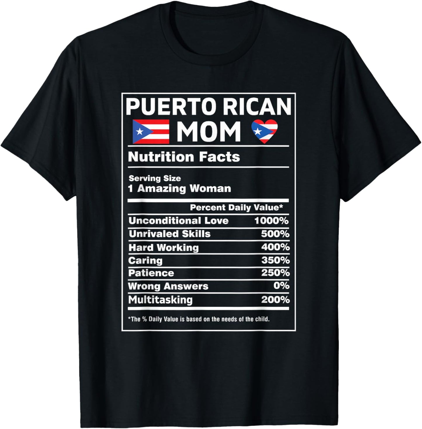 Puerto Rican Mom Nutrition Facts Boricua Puerto Rico PR Flag T-Shirt - T-Shirt | Black
