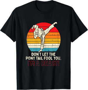 BoredKoalas Dont Let Ponytail Fool You Girl Kick Karate - Black, X-Small T-Shirt - T-Shirt | Black