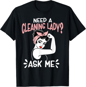 Housekeeping Retro Woman Need A Cleaning Lady? Ask Me T-Shirt - T-Shirt | Black