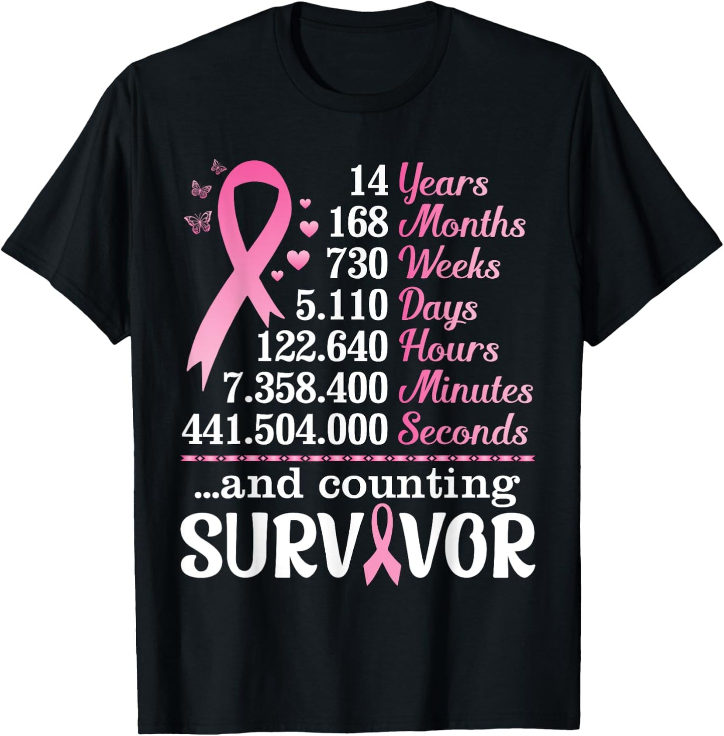 14 Years 168 Months Fighting Breast Cancer Counting Survivor T-Shirt - T-Shirt | Black