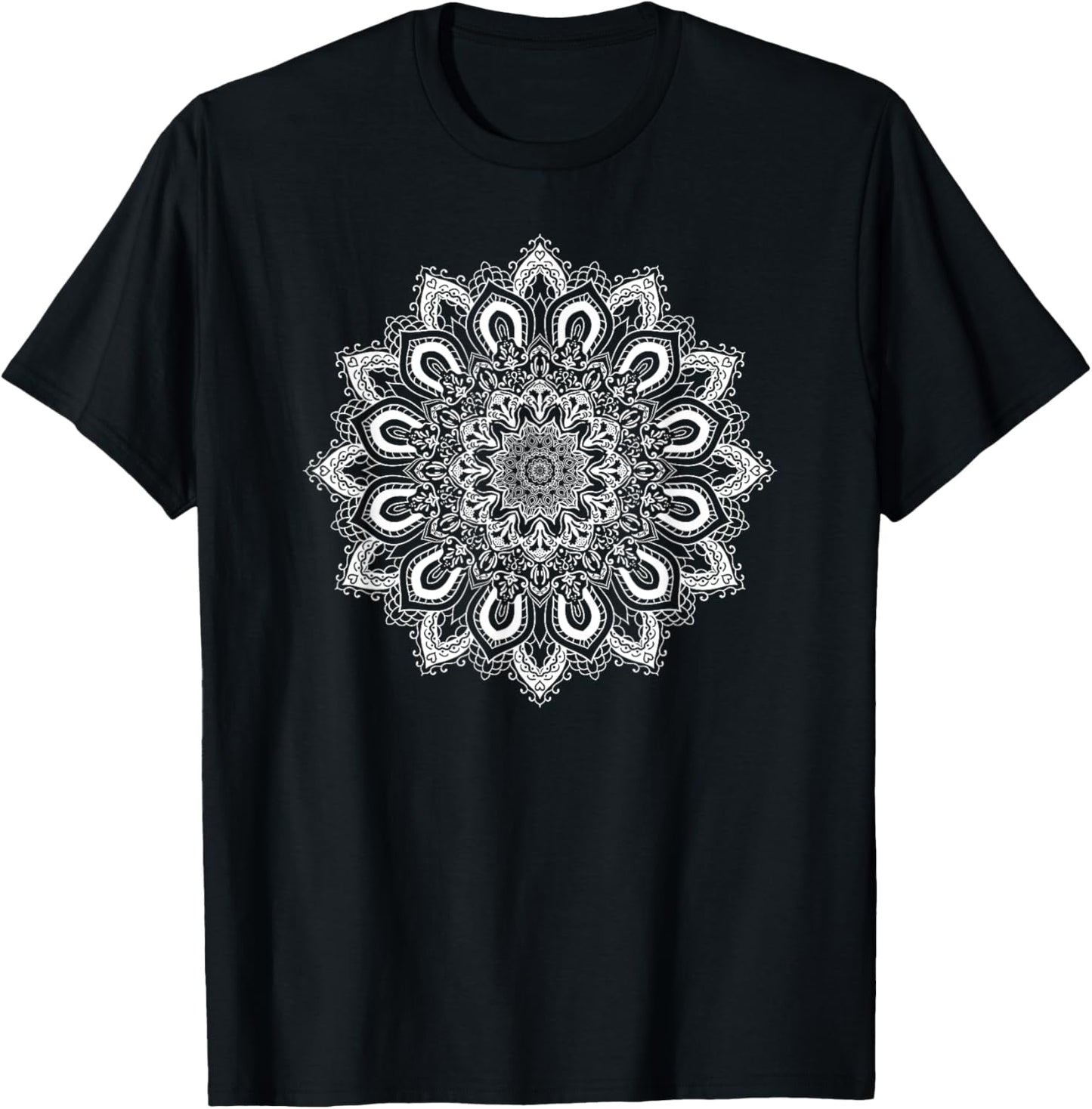 White Ornate Lotus Flower Yoga Mandala T-Shirt - T-Shirt | Black