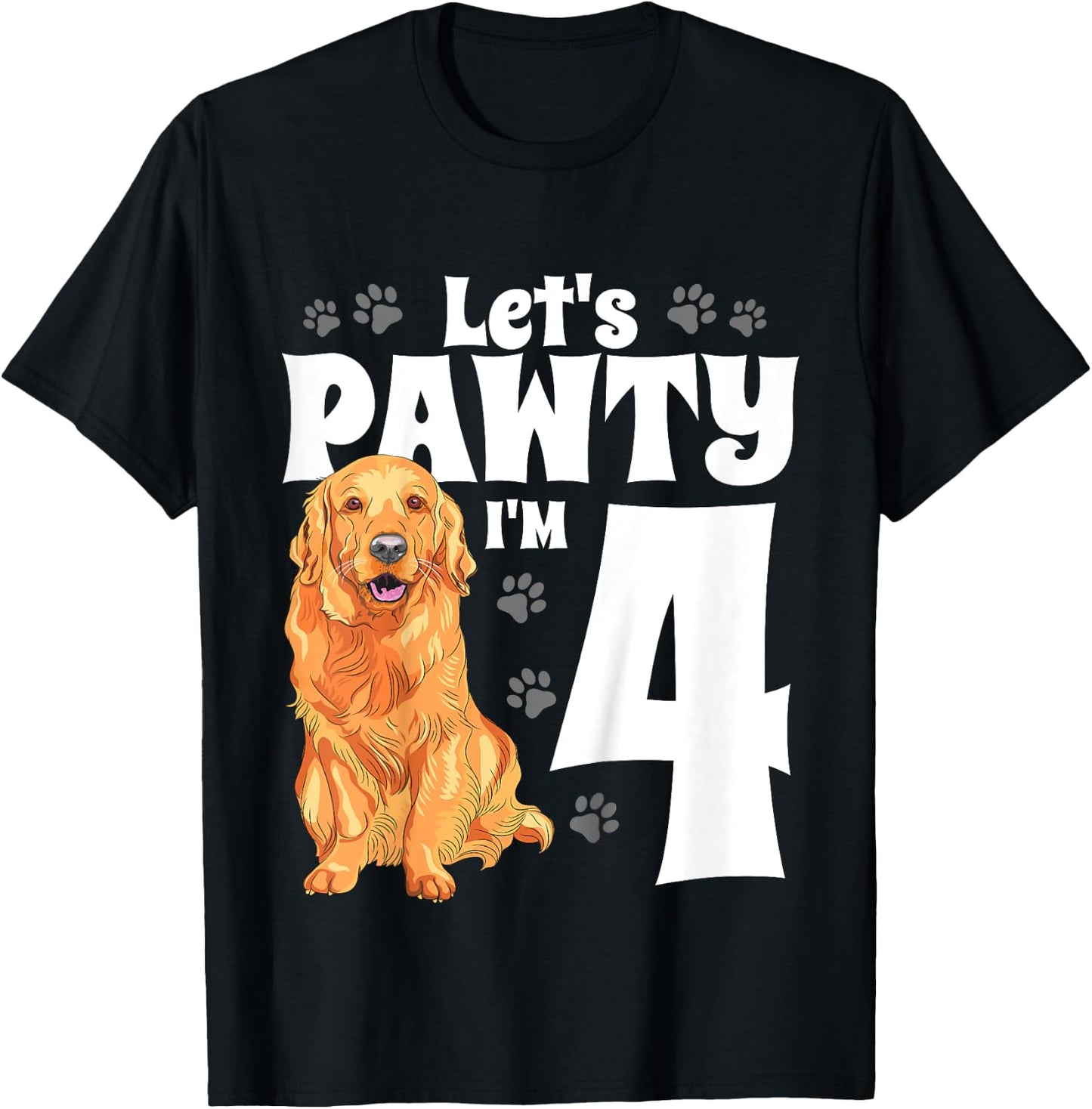 Kids 4 Year Old Golden Retriever Dog Birthday Pawty Dogs 4th Gift T-Shirt - T-Shirt | Black