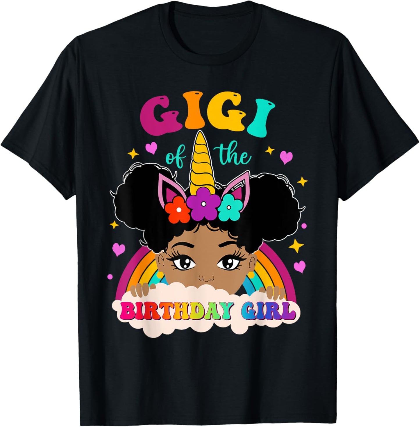 Gigi of The Birthday Girl Rainbow Afro Melanin Unicorn T-Shirt - T-Shirt | Black