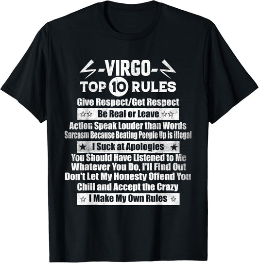 Zodiac Sign Funny Top 10 Rules Of Virgo Funny Horoscope T-Shirt - T-Shirt | Black