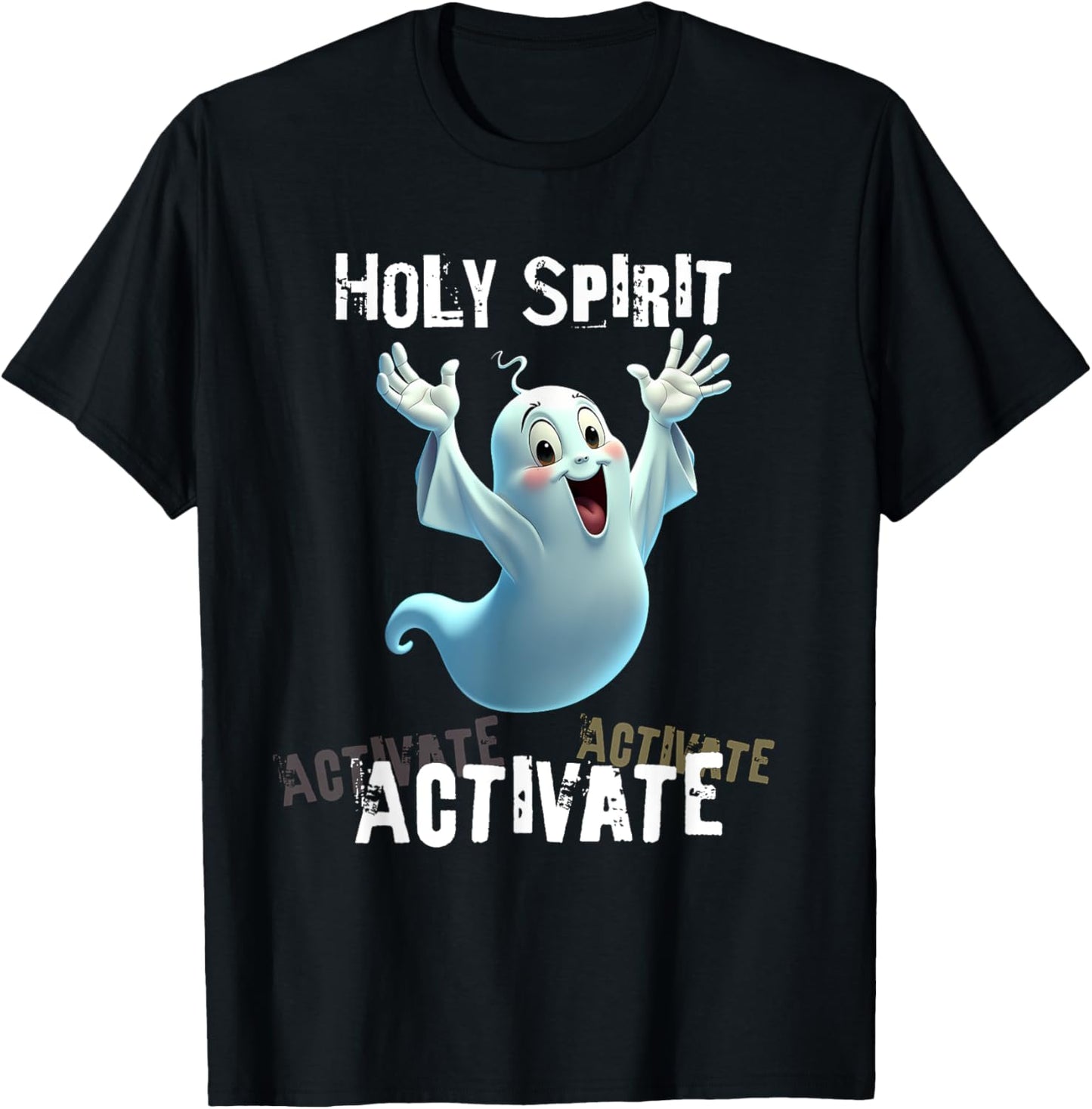 Holy Spirit Activate Meme | Funny Christian Cartoon Ghost T-Shirt - T-Shirt | Black