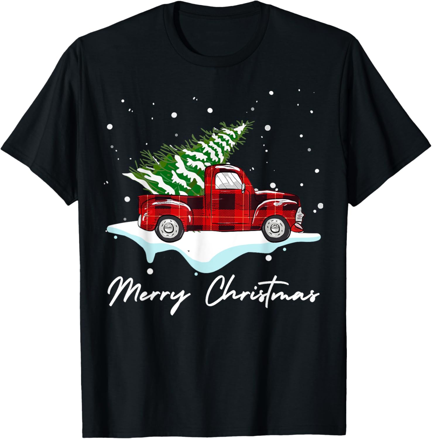 Buffalo Red Plaid Pickup Truck and Tree Snow Merry Christmas T-Shirt - T-Shirt | Black