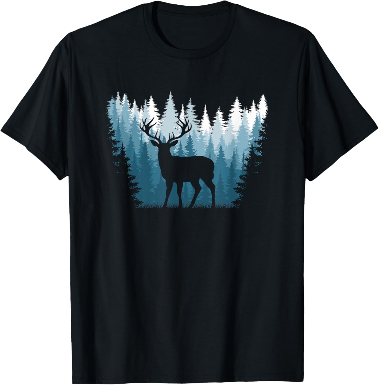 Deer Landscape Pine Tree Forest Nature Graphic Men Women T-Shirt - T-Shirt | Black
