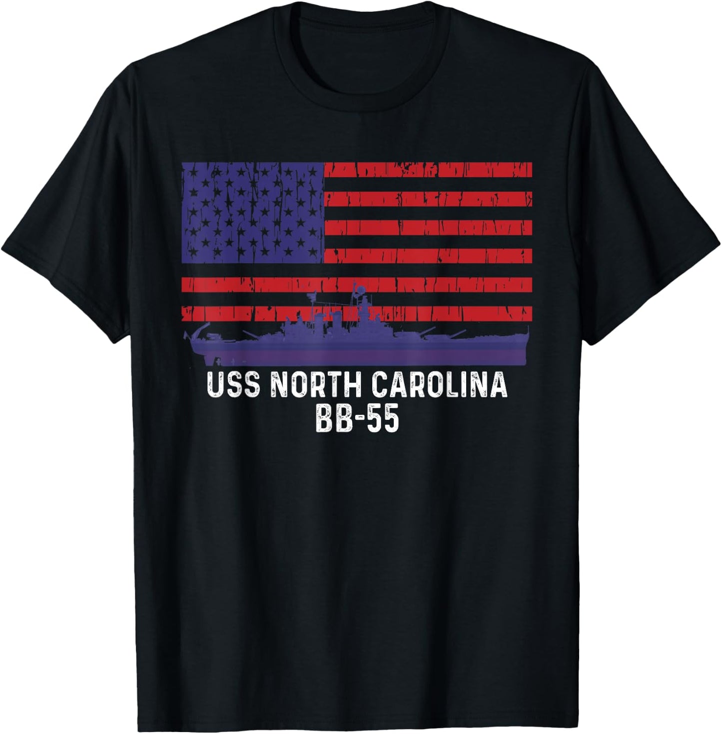 USS North Carolina BB-55 Battleship Vintage American Flag T-Shirt - T-Shirt | Black