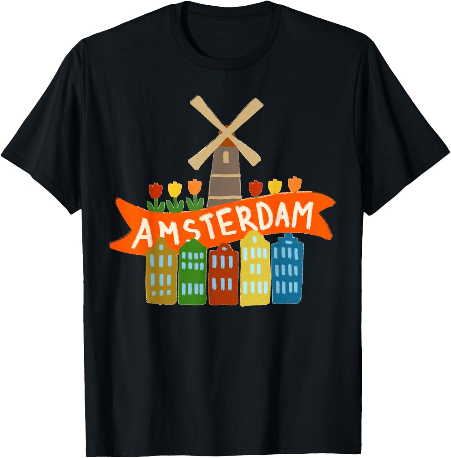 Amsterdam Windmill Tulips Houses Holland Netherlands T-Shirt - T-Shirt | Black