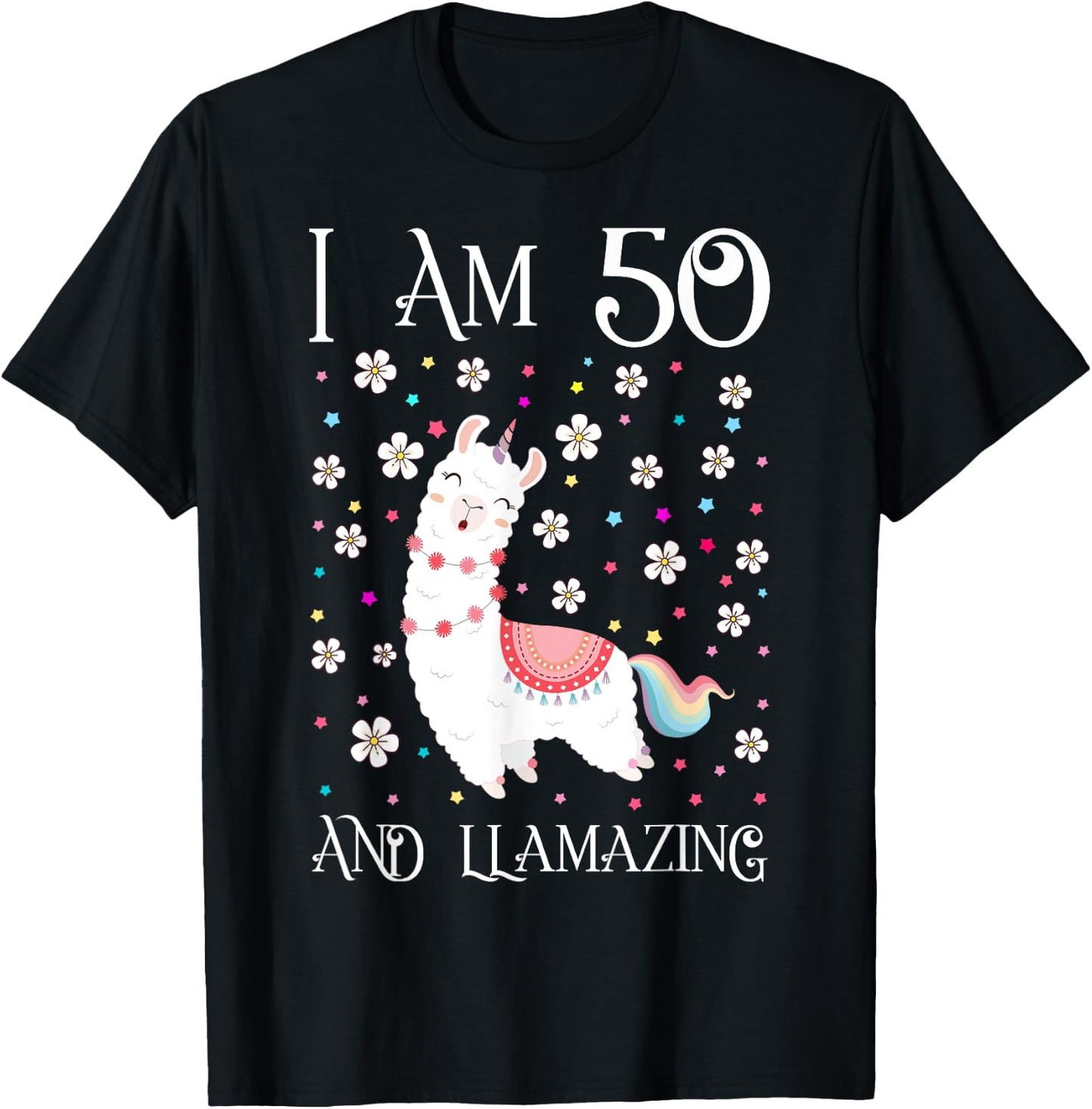 I am 50 Years Old Llamazing Cute Llama 50th Girl Birthday T-Shirt - T-Shirt | Black