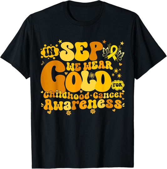 In September We Wear Gold Childhood Cancer Awareness Groovy T-Shirt - T-Shirt | Black