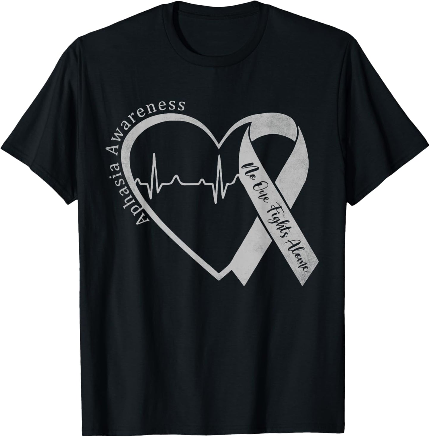 Aphasia Awareness Heart Gray Ribbon Support Family Matching T-Shirt - T-Shirt | Black