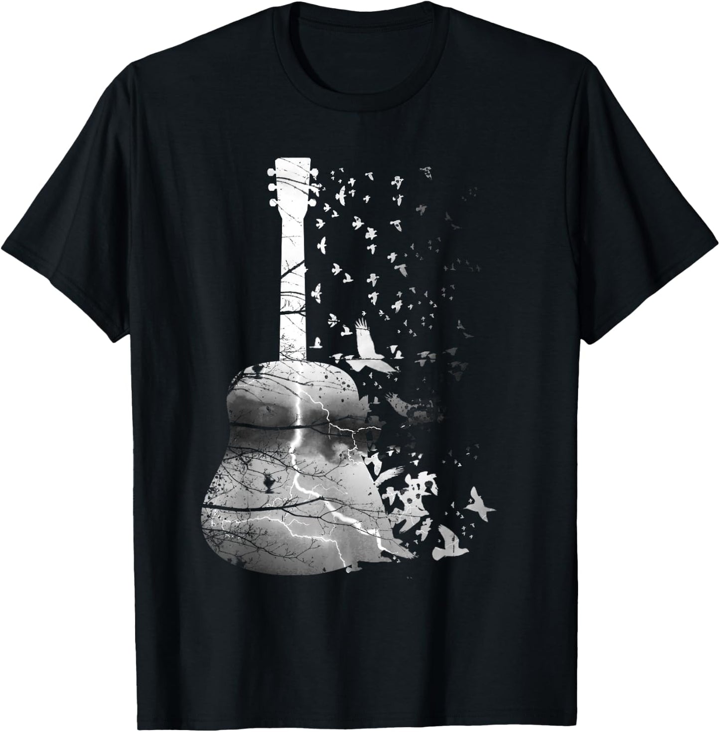 Awesome Nature Guitar Shirt With Tree, Thunder And Birds T-Shirt - T-Shirt | Black