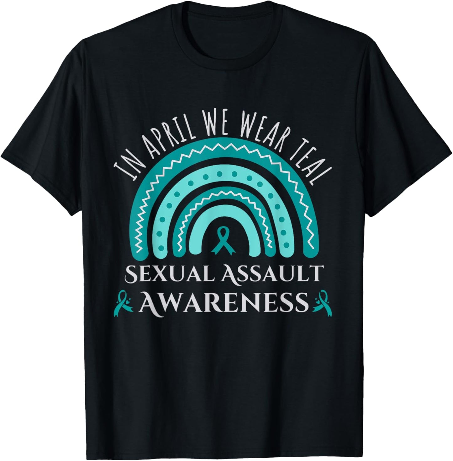Sexual Assault Awareness Month Rainbow Teal Ribbon Support T-Shirt - T-Shirt | Black