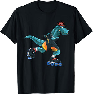 Dino Rides On Rollers T-Rex Roller Skater Skating Kids Boys T-Shirt - T-Shirt | Black