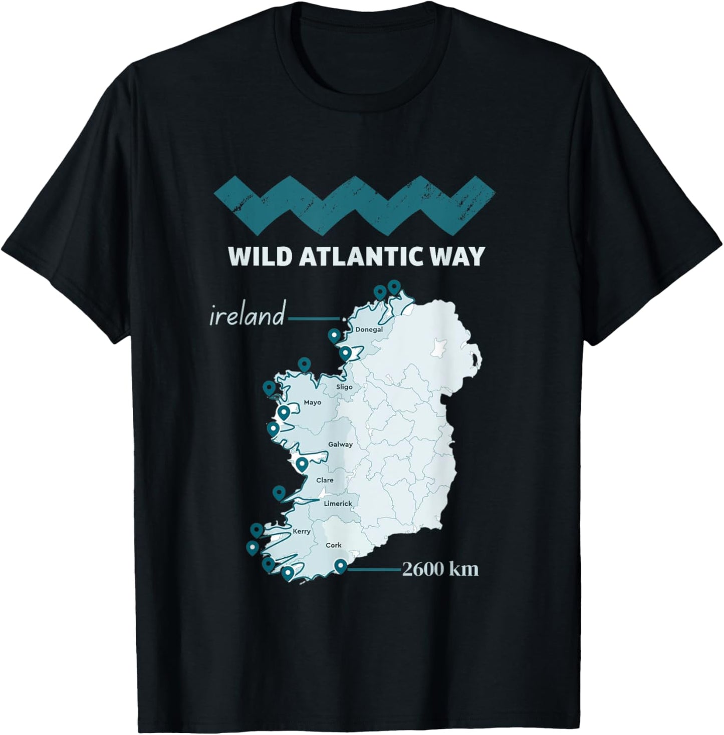 The wild atlantic way ireland coastal route map, west coast T-Shirt - T-Shirt | Black