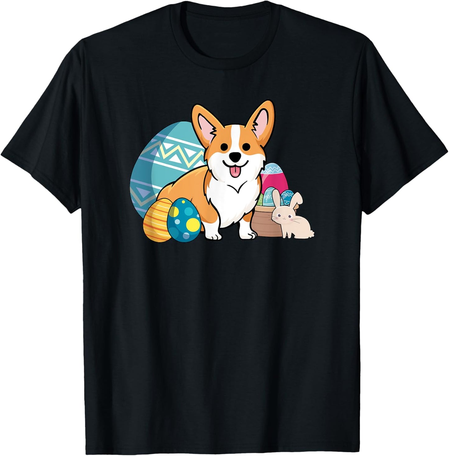 Easter Corgi Dog Cute Cartoon Style Easter Eggs, Basket Women Kids T-Shirt - T-Shirt | Black