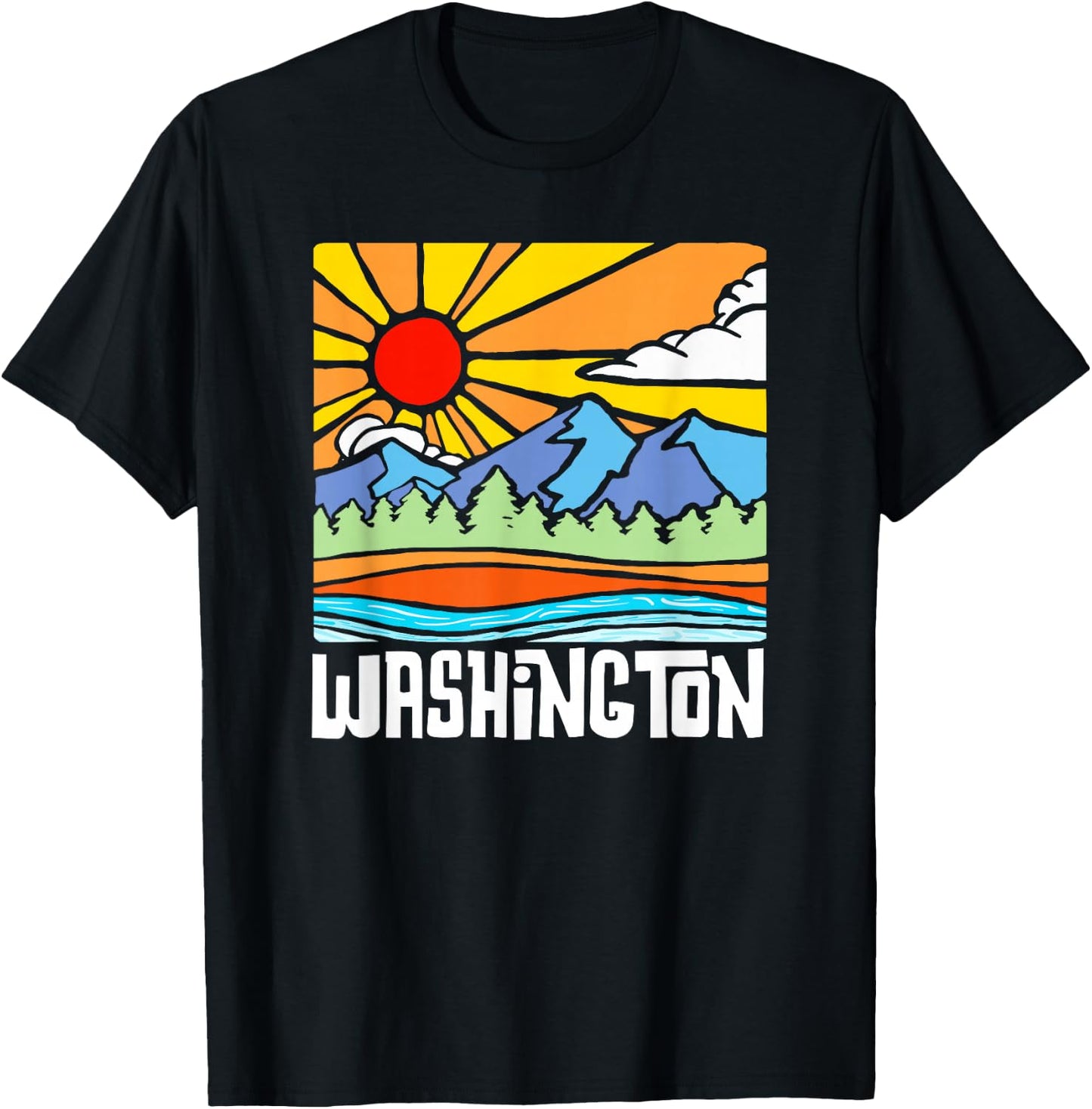 Washington Artistic Nature & Mountains State Vintage Graphic T-Shirt - T-Shirt | Black