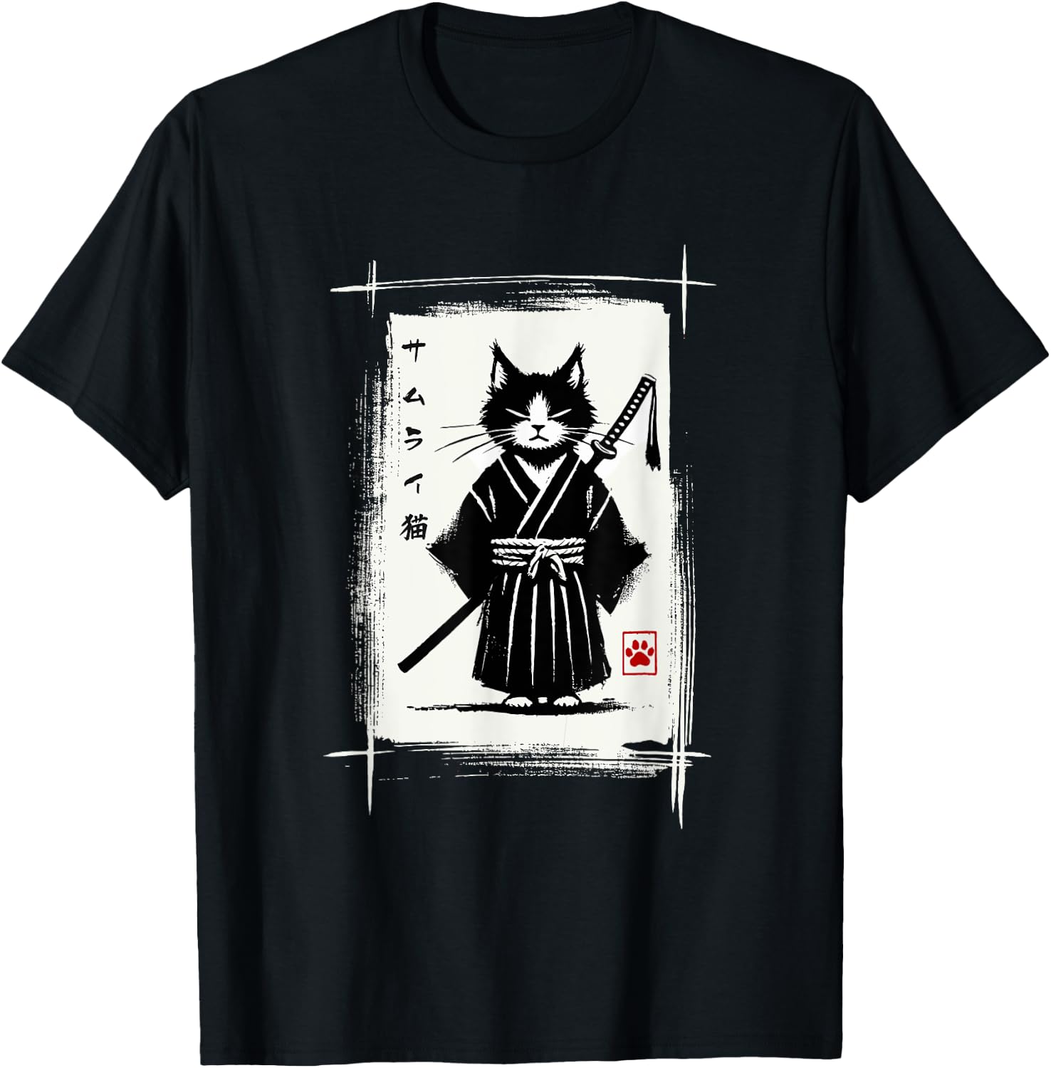 Samurai Cat Japanese Art Sumi-e Novelty Kawaii Funny Cat T-Shirt - T-Shirt | Black