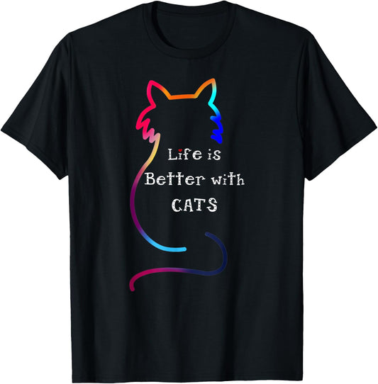 Cat Life is Better with Cats Colorful T-Shirt - T-Shirt | Black