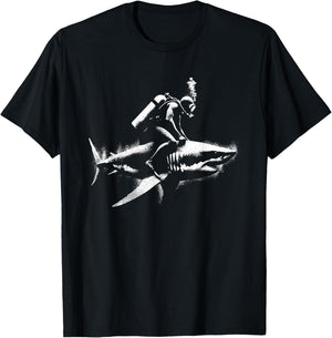 Scuba Diver Riding Shark - Funny White Shark Lover T-Shirt - T-Shirt | Black